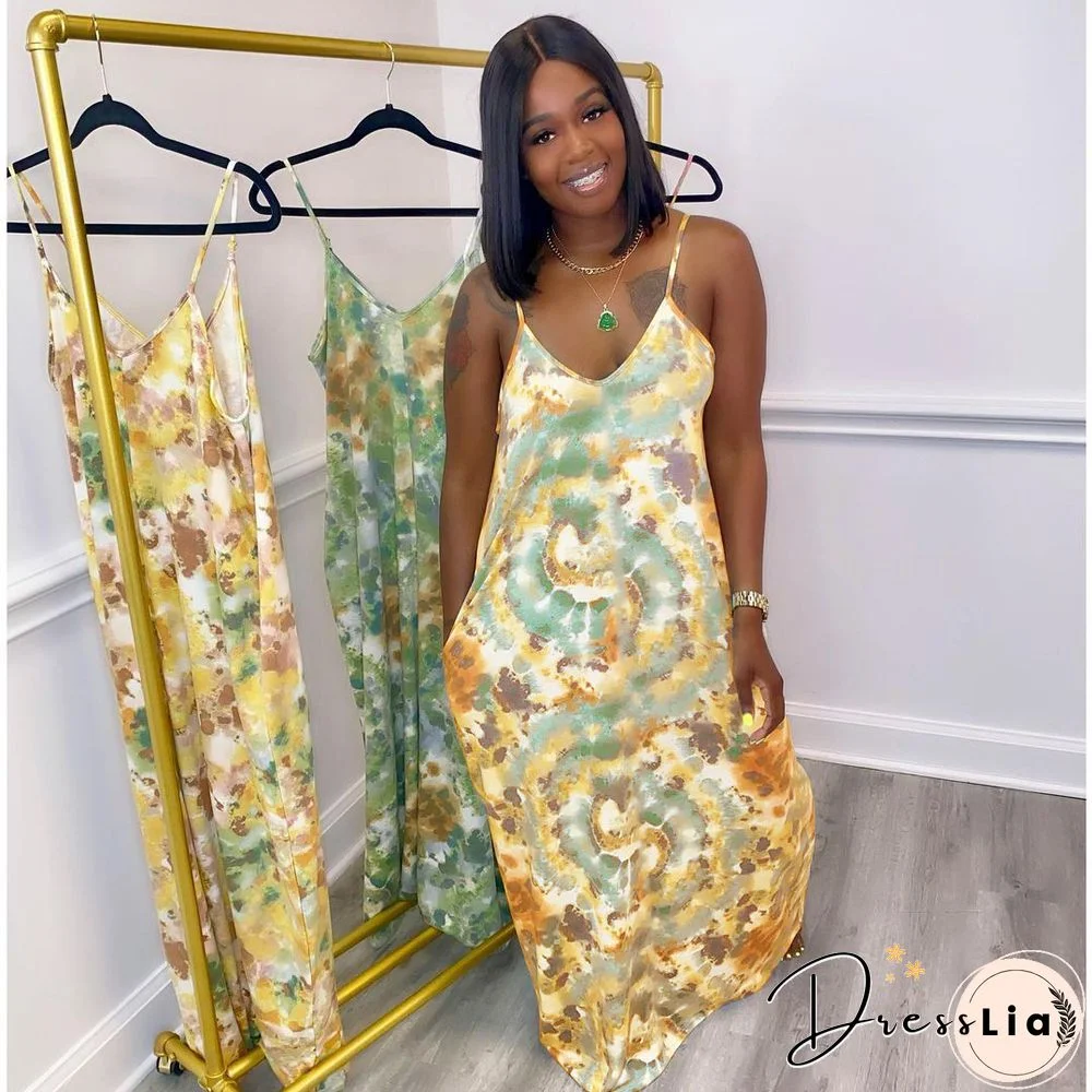 Tie Dye Beach Print Casual V Neck Sleeveless Spaghetti Strap With Pocket Women Summer Long Dress