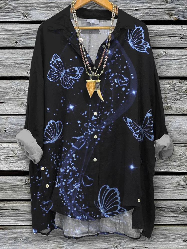 Women's Vintage Butterfly Print Casual Cotton And Linen Shirt