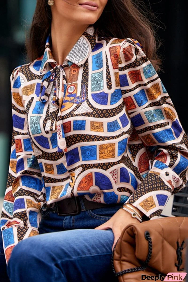 Elegant Print Patchwork Shirt Collar Tops