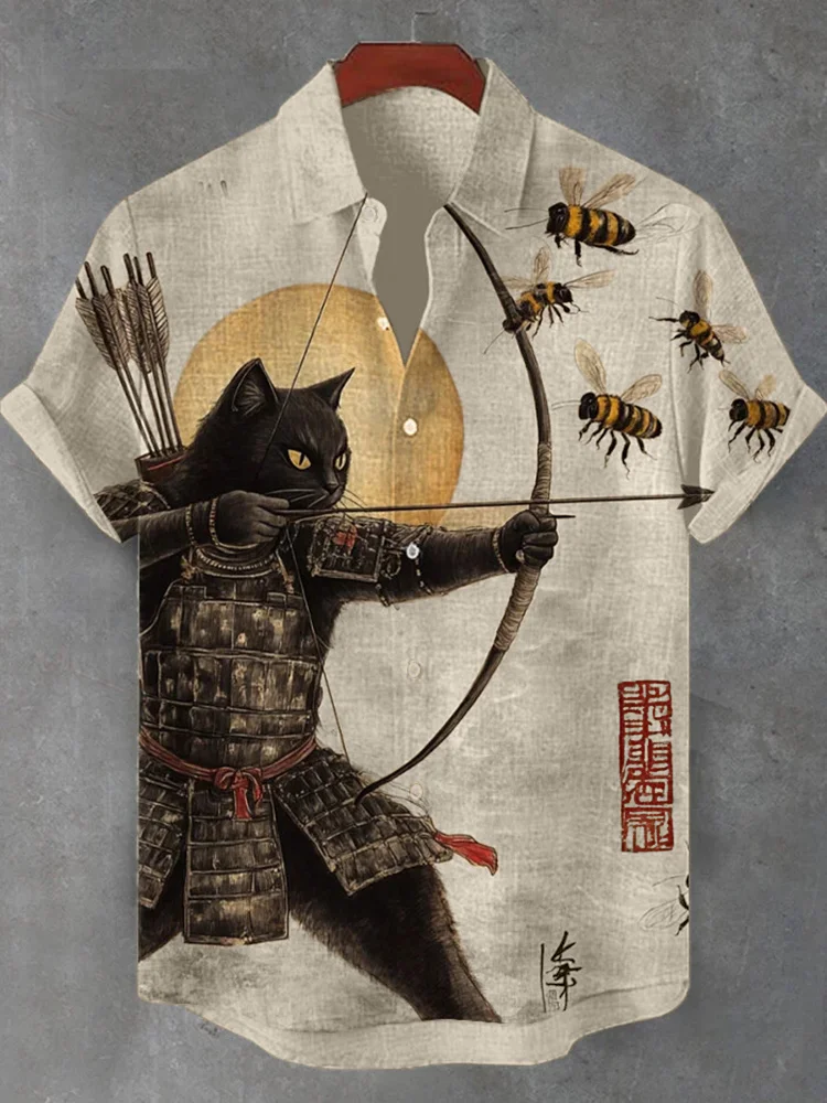 VChics Men's Black Cat Tribal Warrior Japanese Kyudo Print Short Sleeve Shirt