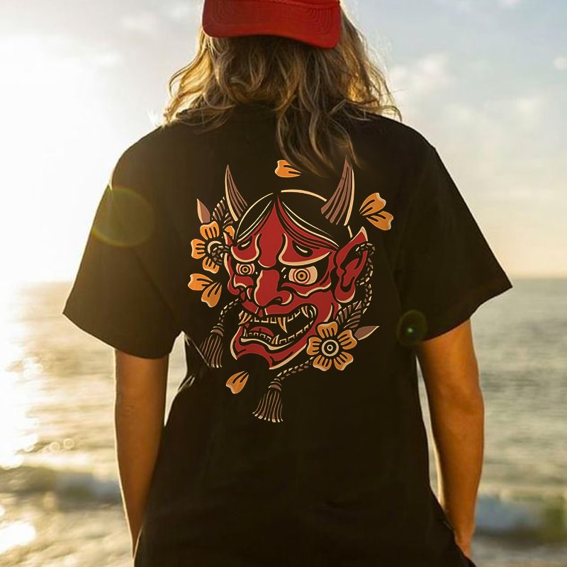 Horned Demon Floral Print Crew Neck Classic T-shirt - Krazyskull