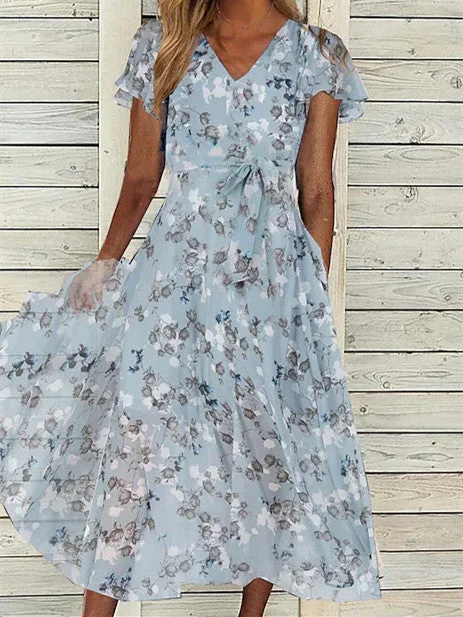 Women's Short-sleeve V-neck Flower Print Casual Dress