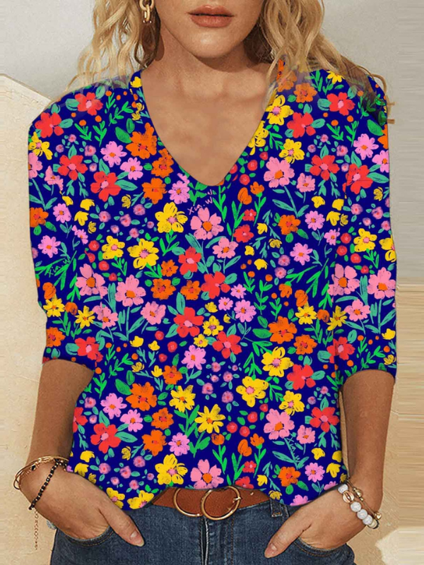 Womens Retro Vintage Floral T-Shirts Light Weight V-Neck Long Sleeve Country Little Floral Tops S-5XL