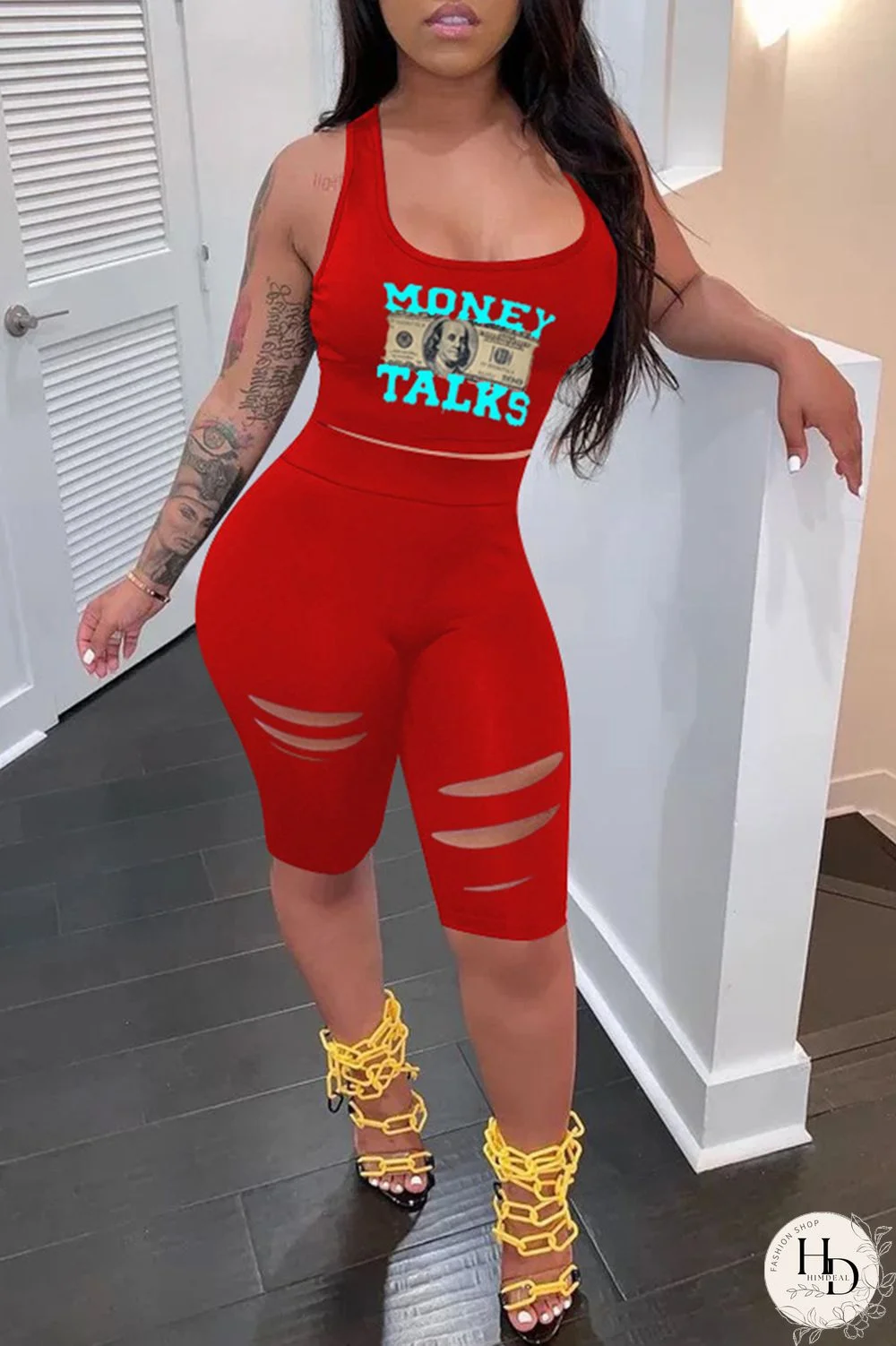 Black Casual Print Ripped U Neck Sleeveless Two Pieces