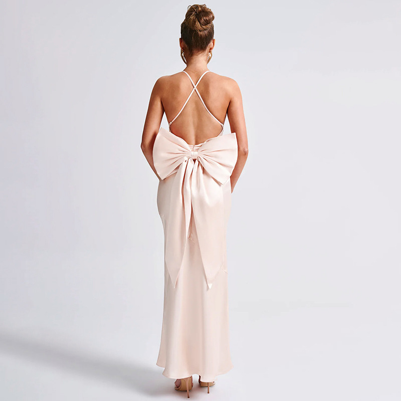 Ootddress Bow Backless Sexy Maxi Dress For Women Satin Spaghetti Strap V Neck Sleeveless Sexy Club Party Long Dress Elegant