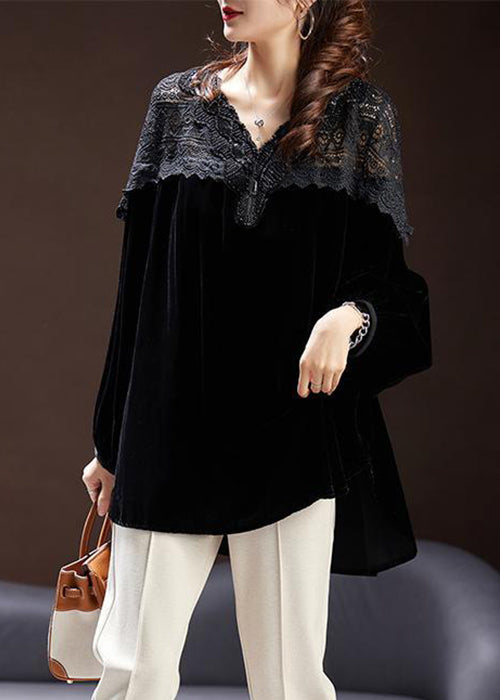 VCSHOES Loose Black V Neck Lace Patchwork Silk Velour Tops Spring