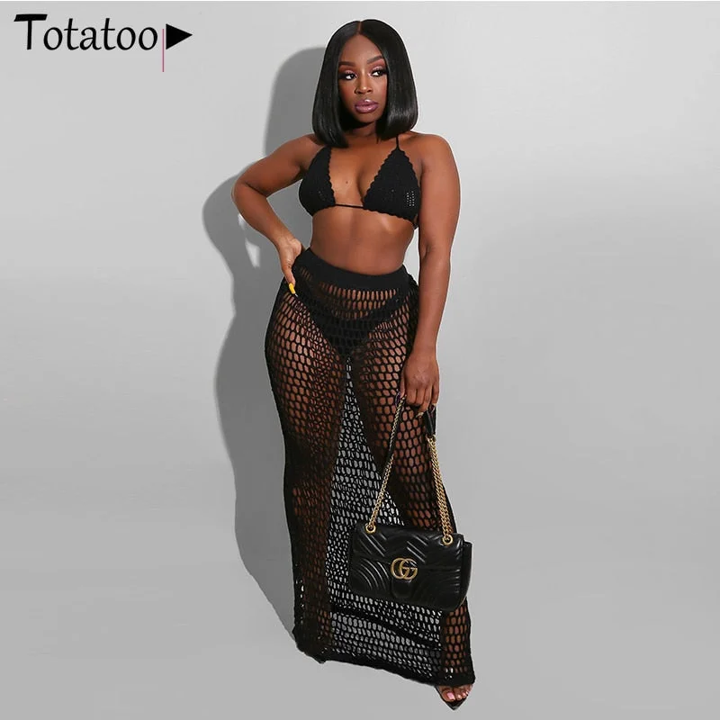 Totatoop Hollow Out Net Sexy Two Piece Set Women 2022 Backless Bandage Strap Halter Crop Top+Long Skirts Beach Outfit Dress 515-1