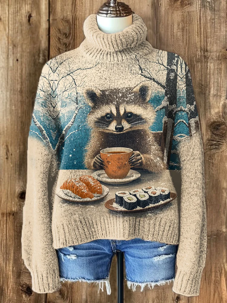 Women's Raccoon Snow Mountain Drinking Tea Sushi Art High Neck Knit Sweatshirt