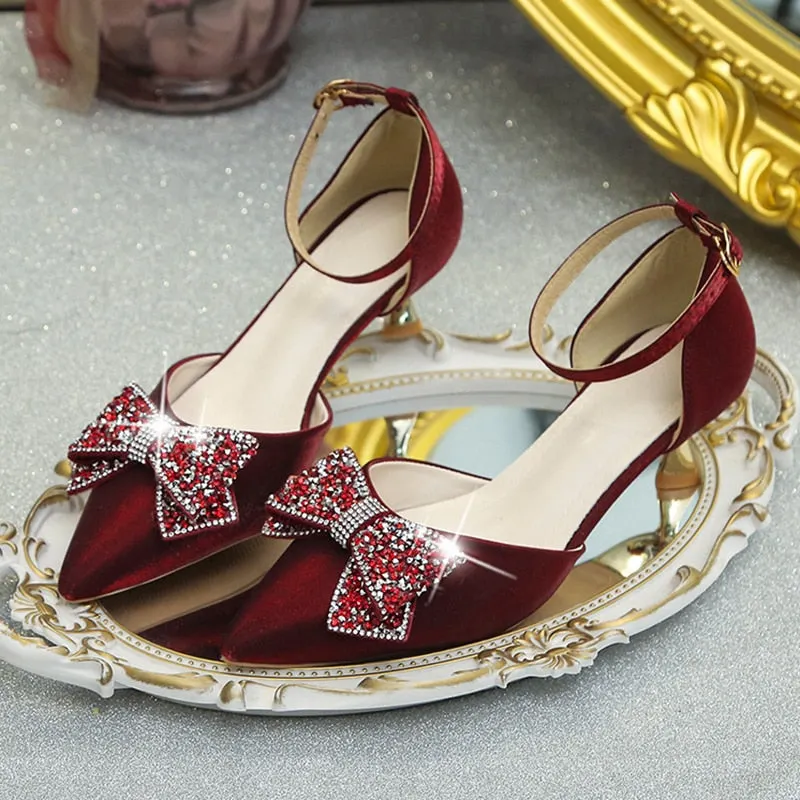 Crystal Bowknot Pumps For Women Ankle Strap Thin High Heels Shoes Woman Spring 2022 Sexy Pointed Toe Slik Wedding Shoes