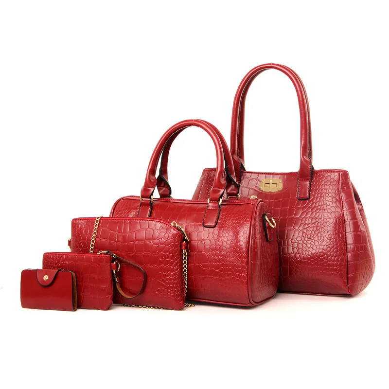 Fashion Crocodile Pattern Shoulder Bag Top Handle Satchel Purse Set 5pcs