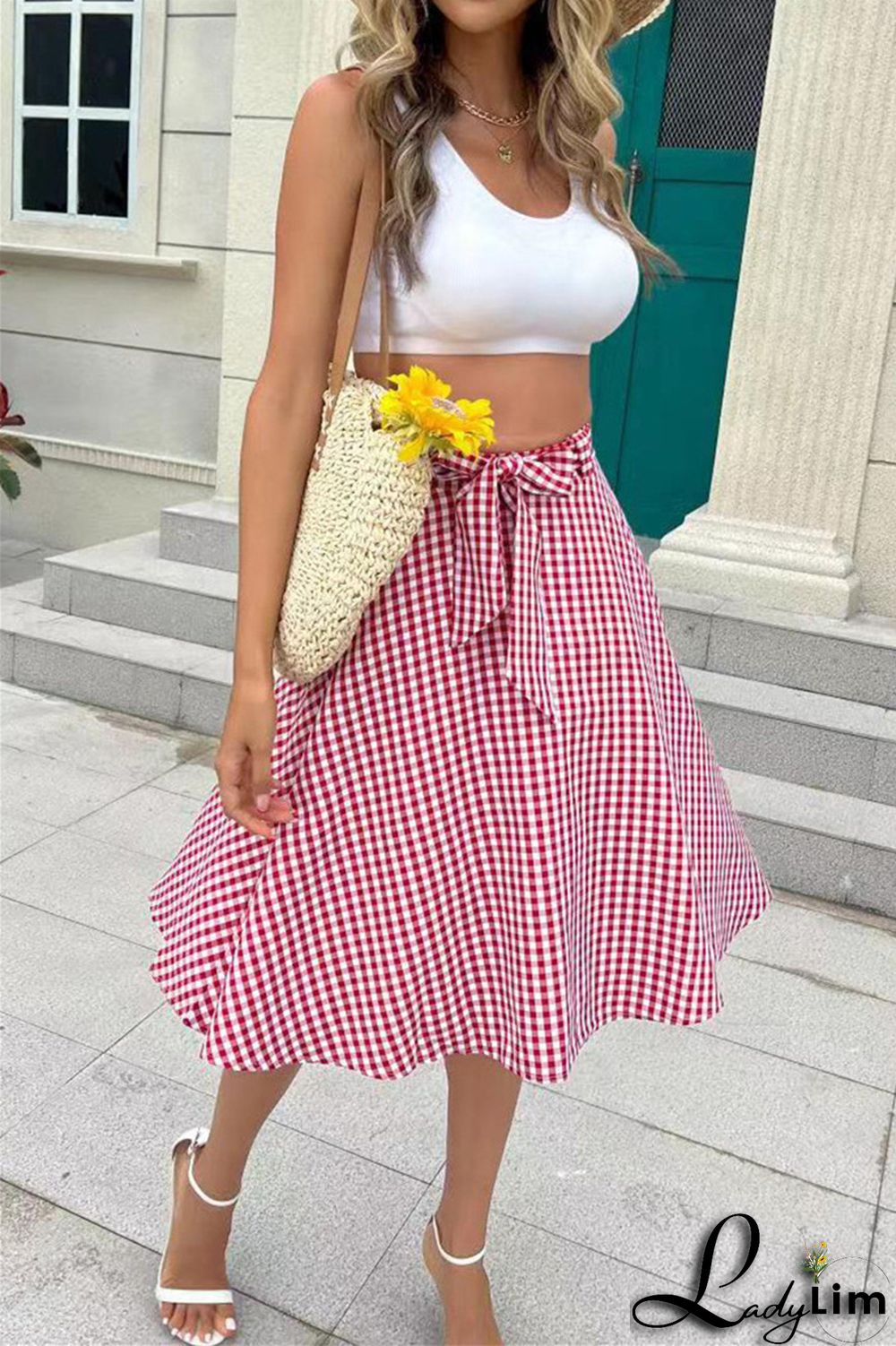 Grey Fashion Casual Plaid Print Patchwork Regular High Waist Skirt