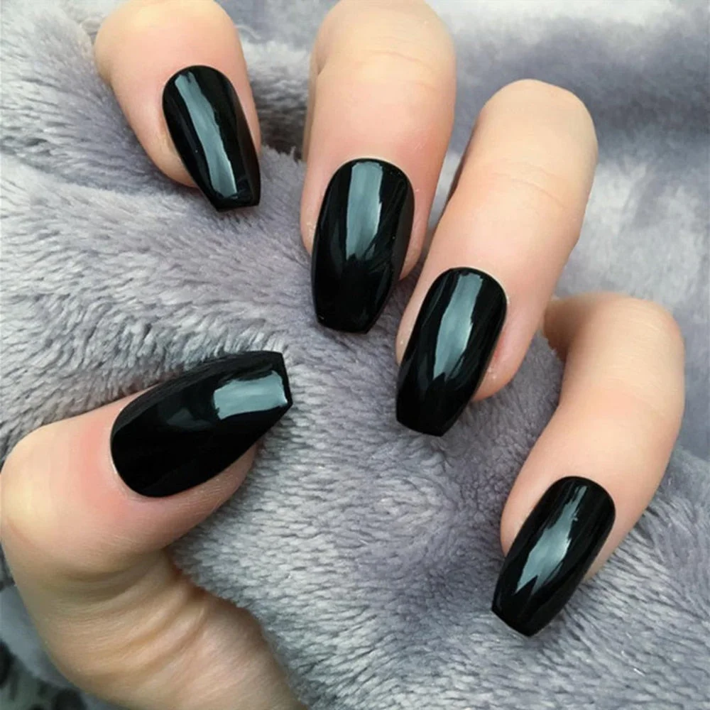 24Pcs Glossy Black Artificial Coffin False Nail Short Ballerina Fake Nails For Design DIY Full Cover Finger Tips Manicure Tool