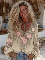 Vintage Pink Roses Flower Embroidered Linen Blend T-shirt - Image 7