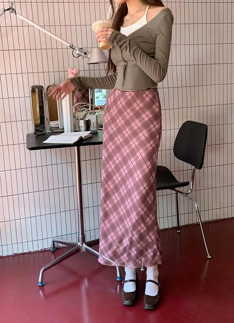 Aiertu Autumn Women Vintage Pink Mesh Plaid A-line Half Long Skirts Elastic High Waist Party Bodycon Wrapped Hip Skirt Female Chic Aiertu