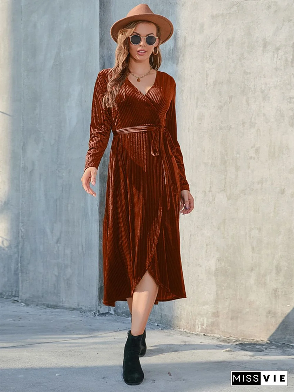 V-neck Solid Color Slit Corduroy MIDI Skirt