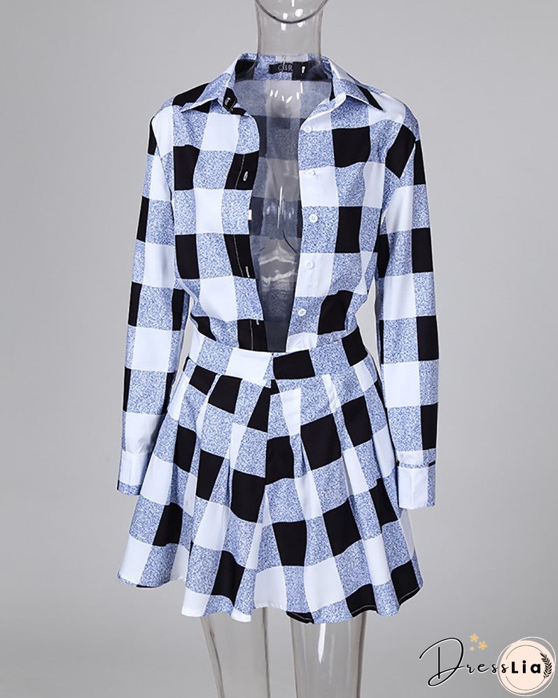 Plaid Colorblock Shirt & Tight Wasit Pleated Skirt Sets