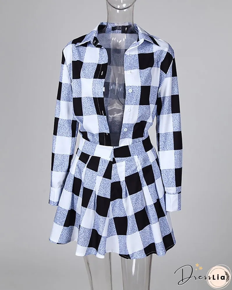 Plaid Colorblock Shirt & Tight Wasit Pleated Skirt Sets