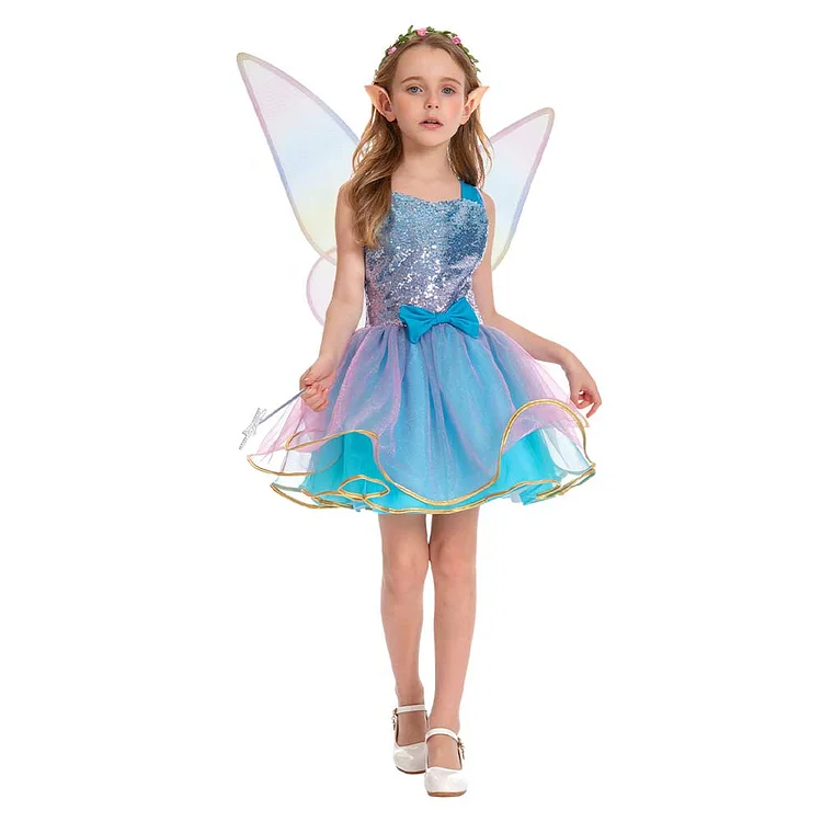 Kids Children Fairy Blue Tutu Dress Outfits Girls Halloween Costume Stage Performance Suit 
