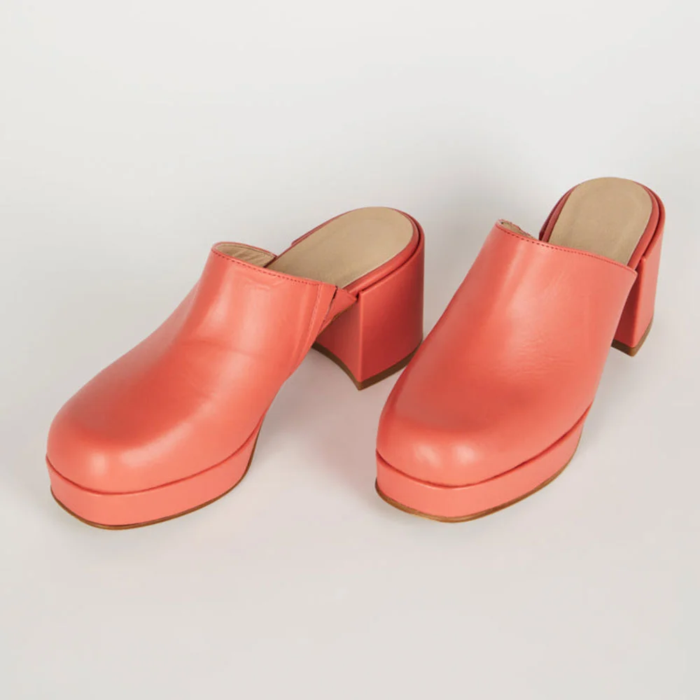 Women's Round Toe Chunky Heel Slip On Mules Shoes in Salmon