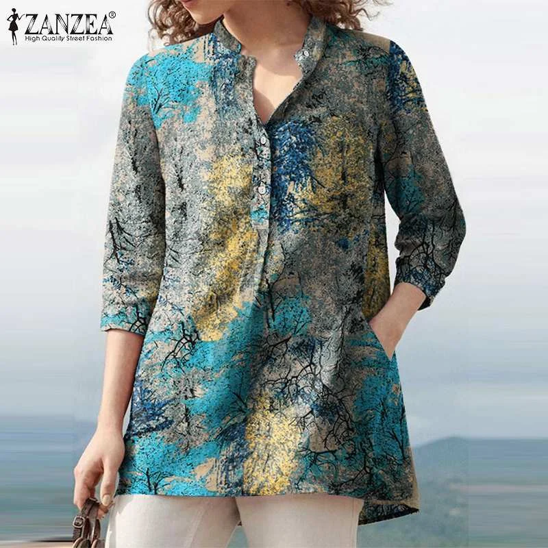 ZANZEA 2022 Autumn Shirt Vintage Women Floral Printed Tunic Tops Casual Loose Blouse Chemise Bohemian 3/4 Sleeve Work Blusas