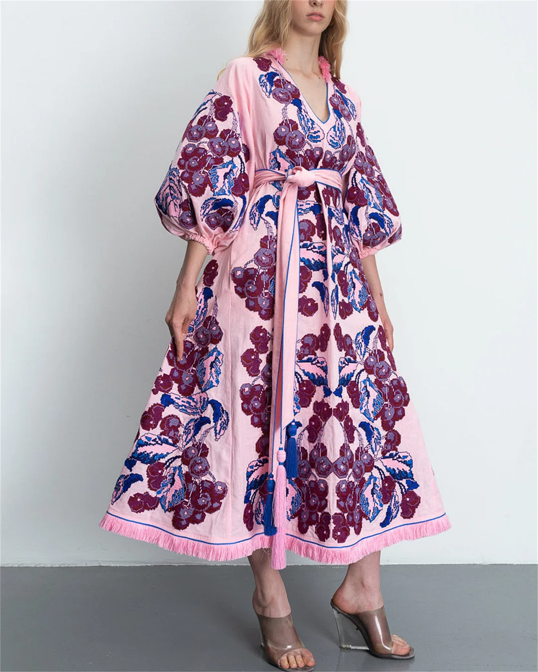 Women's V-neck Lantern Sleeve Embroidered Dress