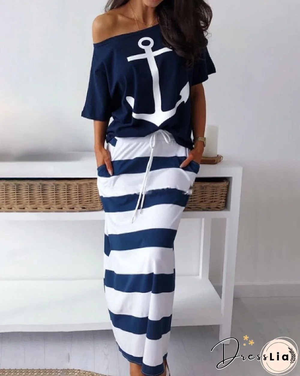 Boat Anchor Print T-Shirt & Striped Skirt Set