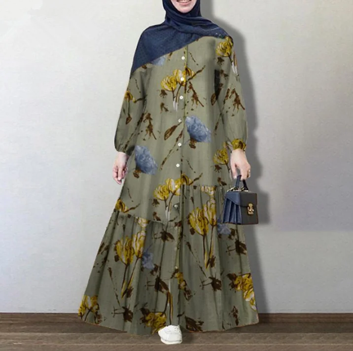 Cotton linen long-sleeved fashionable loose casual floral long dress