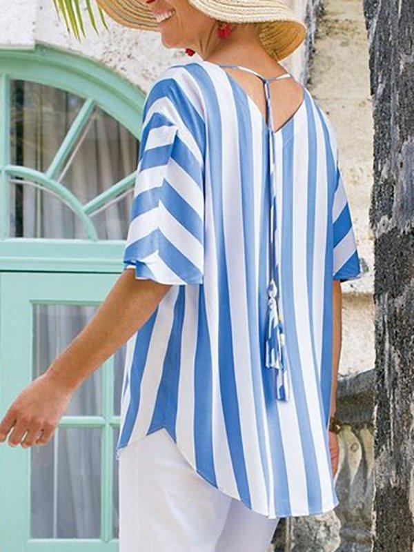 Blue Striped Half Sleeve Round Neck Shirts & Tops