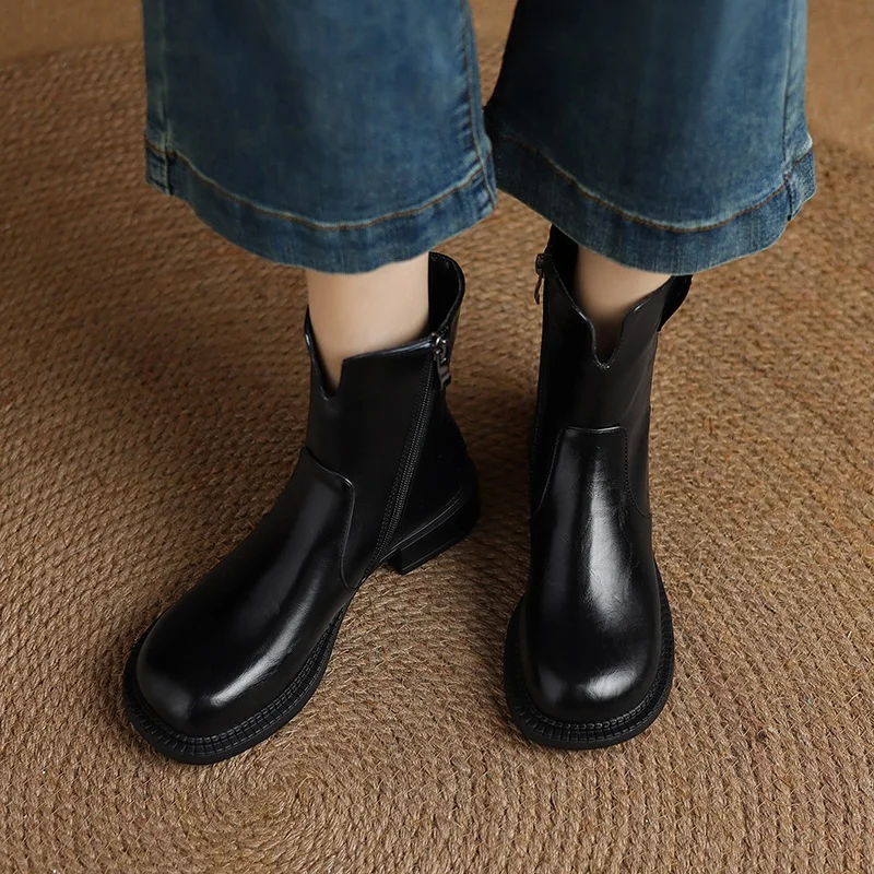 Breakj Breakj Plus Size Boots Vintage Round Head Western Boots Thick Heel Ankle Boots Women's Fall New Style Side Zipper Low Heel Skinny Boots