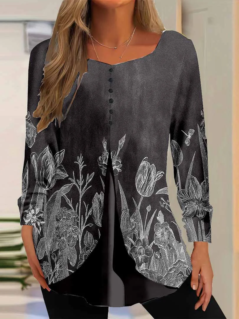 Women Floral,Black DZGG8371 Long Sleeve Scoop Neck Printed Graphic Button Fake 2in1 Tops