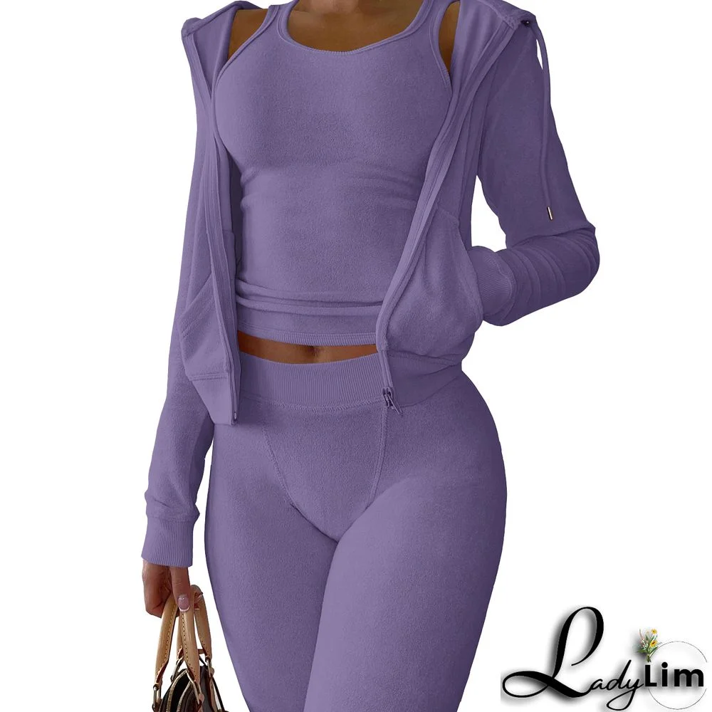 Women's Autumn/Winter Fleece Vest Hooded Three-Piece