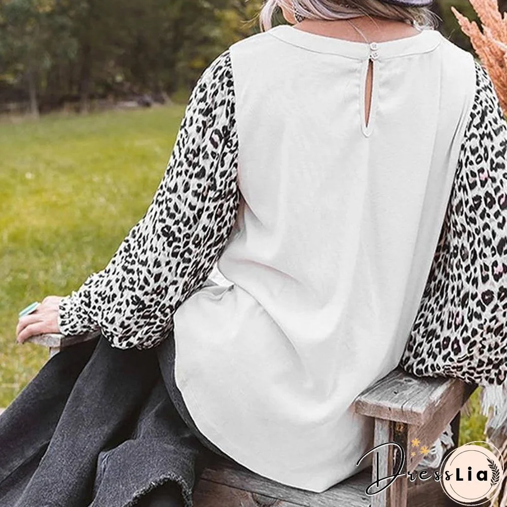 New Spring Autumn Women Tshirts Leopard Printing Lantern Sleeve Loose Stitching color Tops Fall Womens Clothing Fashion