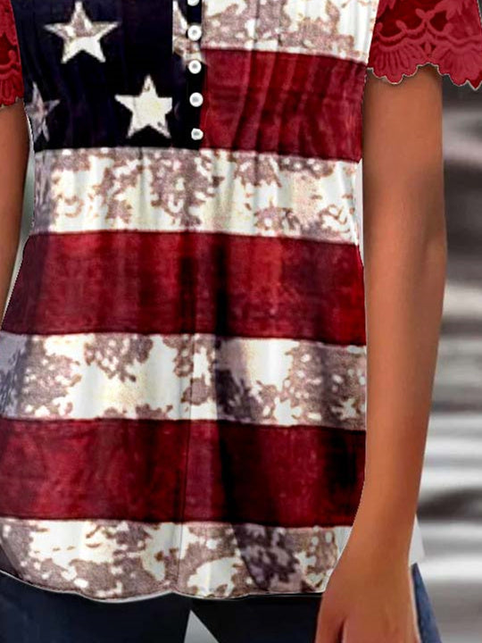 Women Short Sleeve V-neck National Flag Printed Printed Graphic Lace Button Tops
