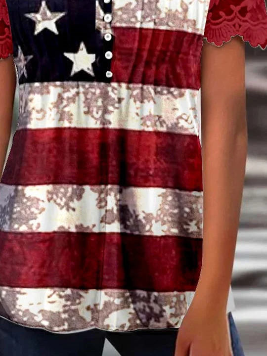 Women Short Sleeve V-neck National Flag Printed Printed Graphic Lace Button Tops