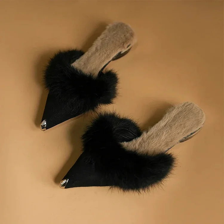 Sexy Chunky Slippers Women Fur Pointed Toe Shoes 2024 Fashion New Winter Party Slingback Velvet Short Boots Female Chaussure