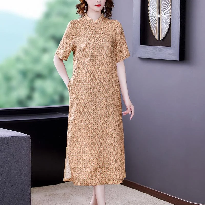 Women's new printed retro short-sleeved cheongsam linen long dress