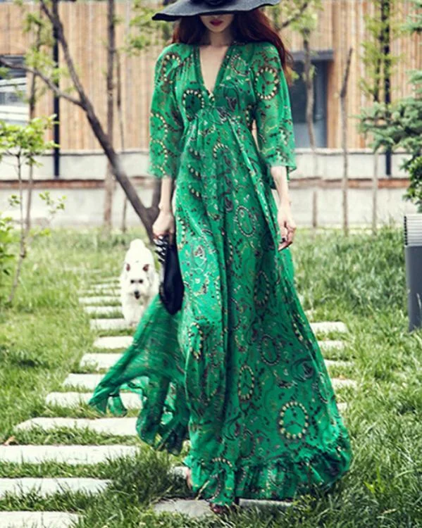 green deep v neck printed bohemian maxi dress p110966