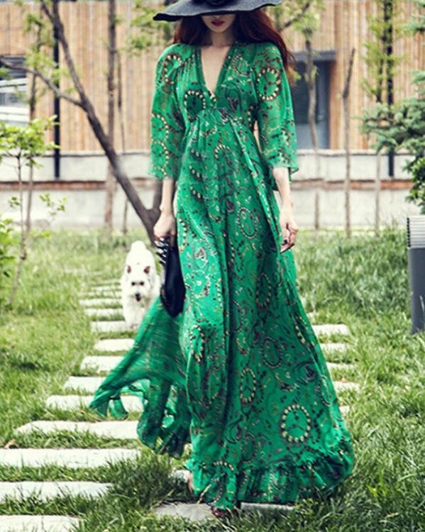 Green Deep V-Neck Printed Bohemian Maxi Dress - Chicaggo