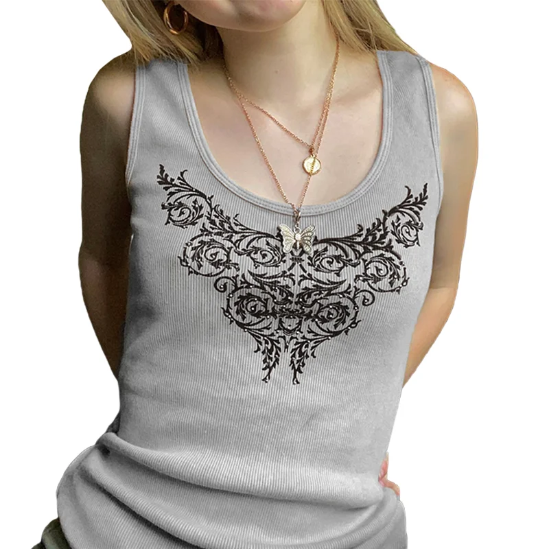 Graphic Print T Shirts Summer Sleeveless Round Neck Grunge Clothes Gothic Tee 2000s Aesthetic Knitted Tops Streetwear