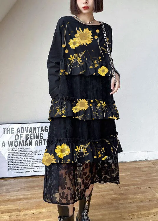 Bohemian sunflower pattern Ruffles Fall Lace Dresses(Shipping out within 24H)