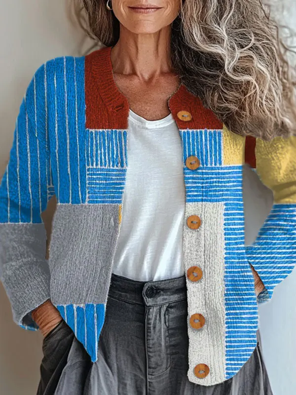 Vintage Abstract Geometric Art Print Buttoned Cardigan Sweater