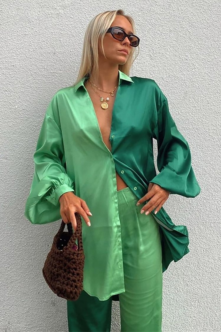 Colorblock Satin Casual Blouses 2pcs Pants Set