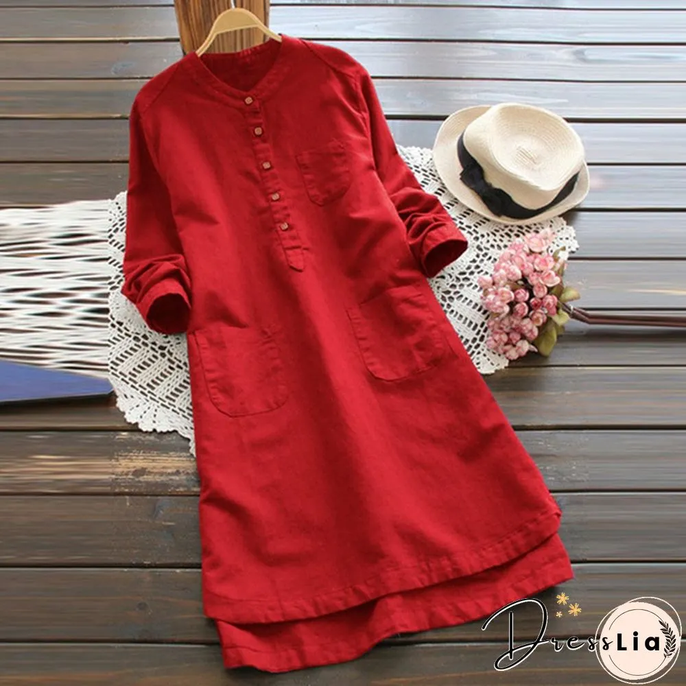 Fashion Women Long Sleeve Buttons Neck Long Shirt Dress Asymmetrical Plus Dress Sundress