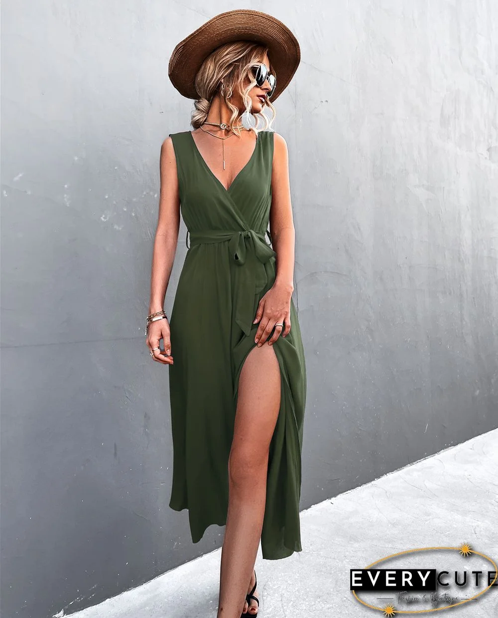 Sexy V-neck Cross Strap Sleeveless Slit Dress Black Dresses