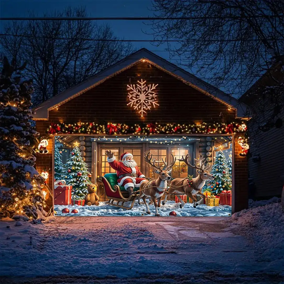Tegooe Festive Christmas Garage Door Banner - Santa Sleigh Reindeer Holiday Decoration Multiple Sizes