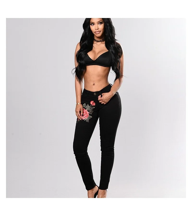 Popular Trendy Red Rose Pattern Embroider Black Pencil Jeans