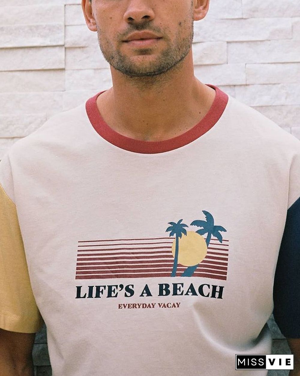 Colorblock Beach Print Holiday Style T-Shirt