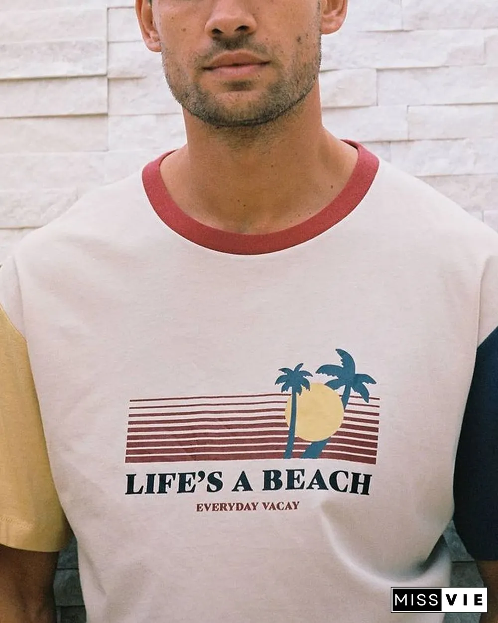 Colorblock Beach Print Holiday Style T-Shirt