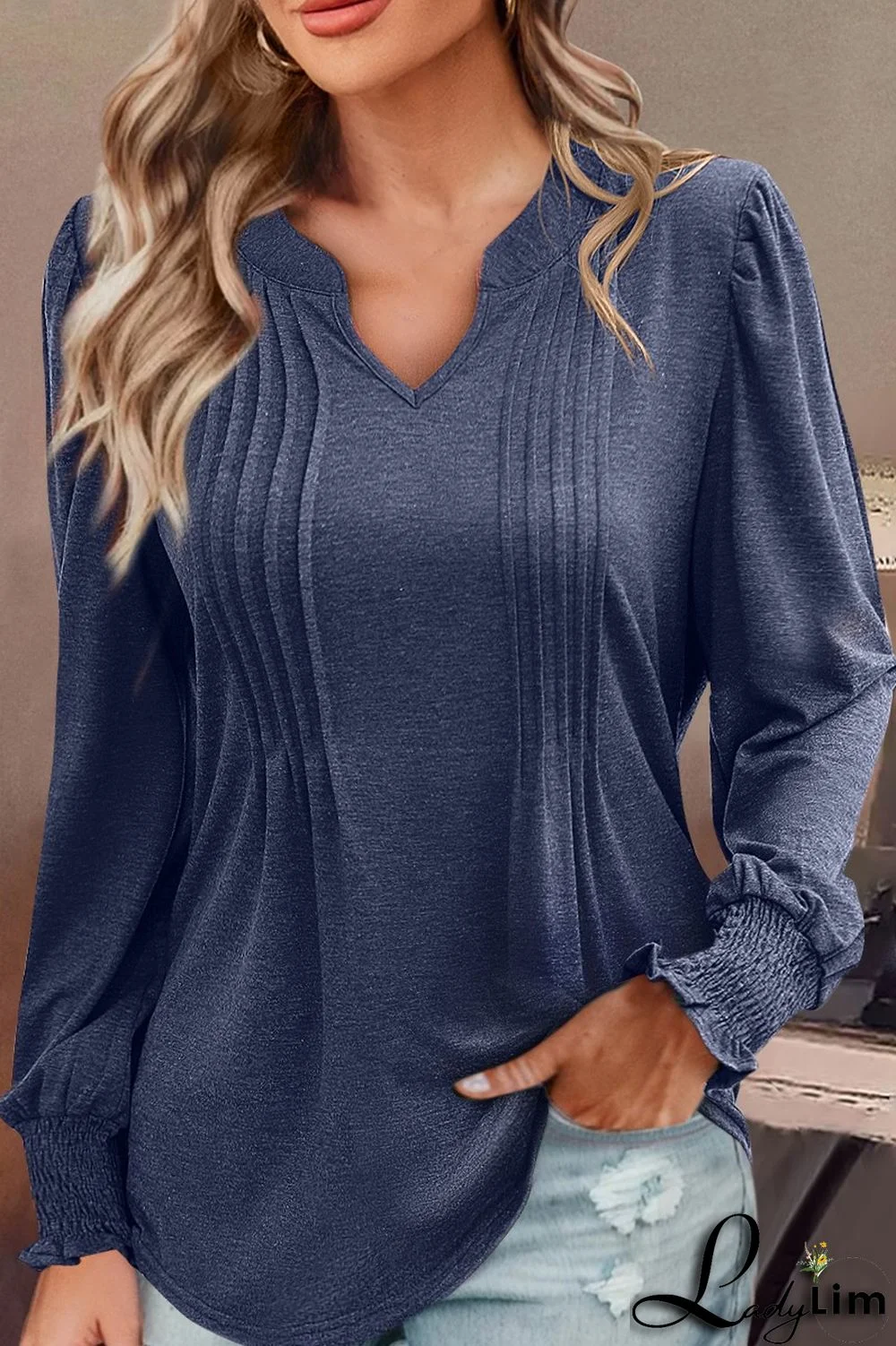 Solid Flounce Sleeve Notched Neck Blouse