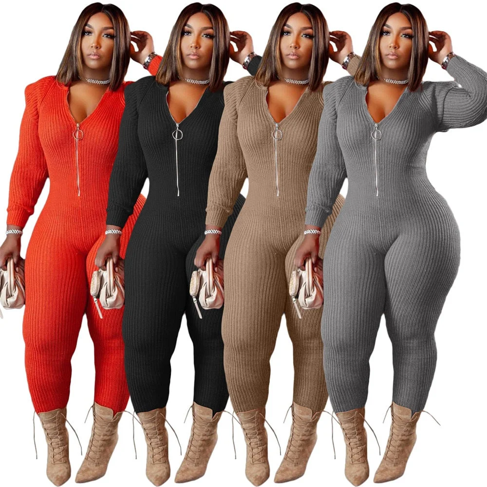 Knitted Jumpsuit Women 4xl Plus Size One Piece Outfit Hoodies Zip Up Bodycon Fashion Street  Bodysuit New Wholesale Dropshipping